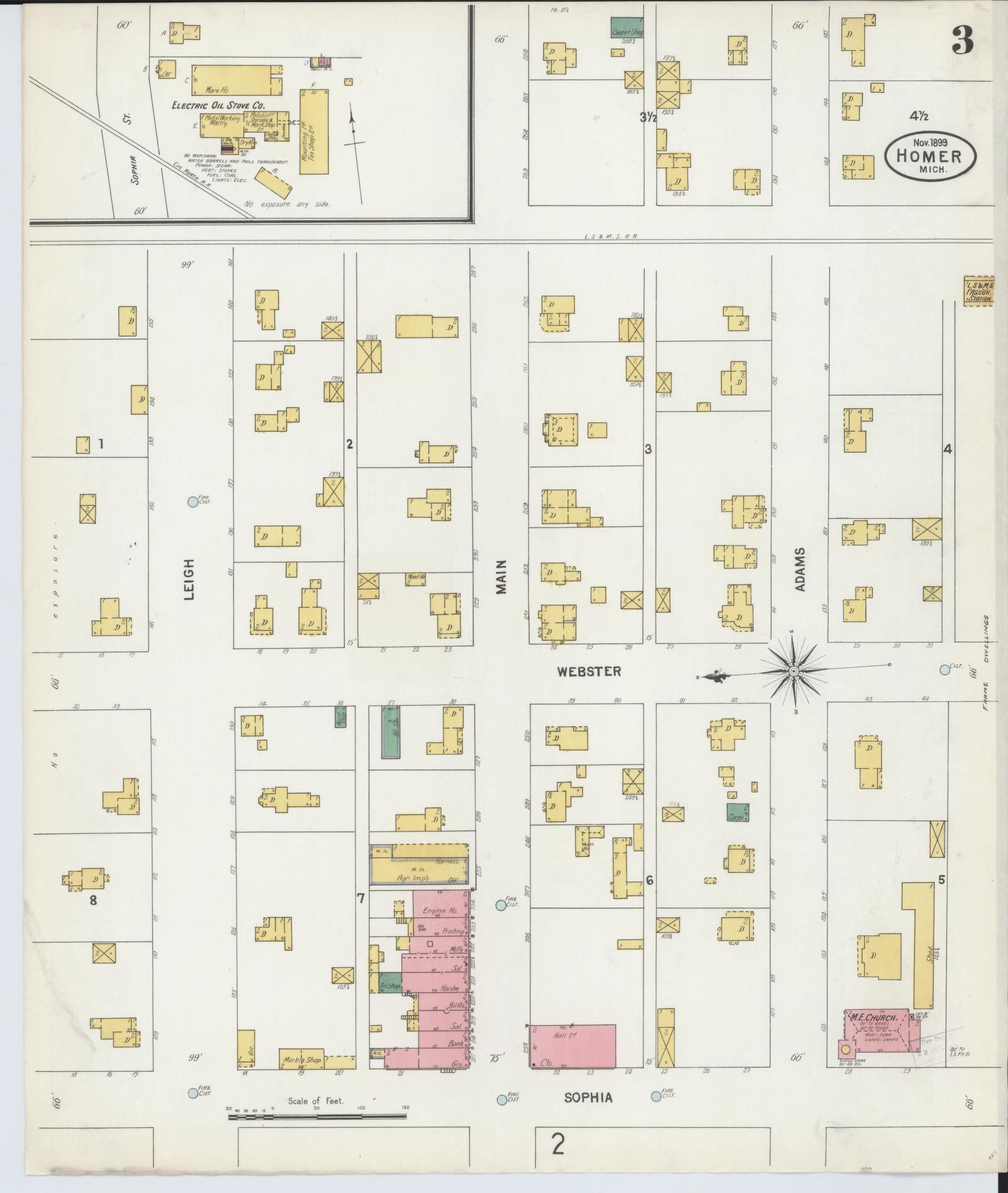 Sanborn Fire Insurance Map from Homer, Calhoun County, Michigan (1899), Sheet #0003 - Complete Map Set gallery image, historic Sanborn map, vintage wall art, Michigan Michigan