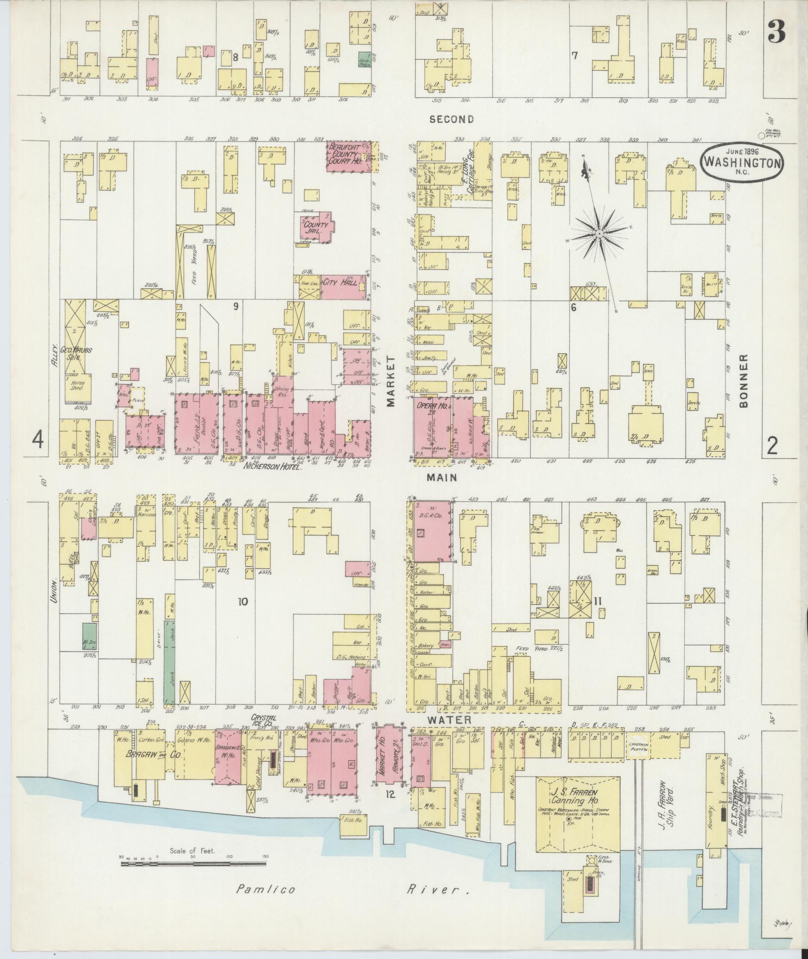 Sanborn Fire Insurance Map from Washington, Beaufort County, North Carolina (1896), Sheet #0003 - Complete Map Set gallery image, historic Sanborn map, vintage wall art, North Carolina North Carolina