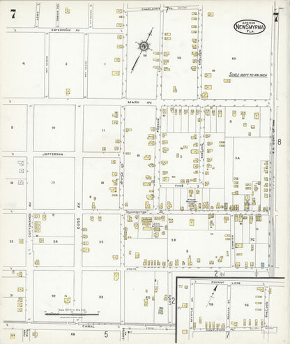 Sanborn Fire Insurance Map from New Smyrna, Valusia County, Florida (1924), Sheet #0007 - Complete Map Set gallery image, historic Sanborn map, vintage wall art, Florida Florida