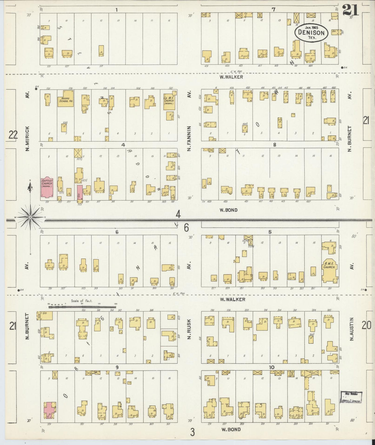 Sanborn Fire Insurance Map from Denison, Grayson County, Texas (1903), Sheet #0021 - Historic Sanborn Fire Insurance Map Print, vintage old map wall art, antique decor, genealogy gift, Texas Texas map