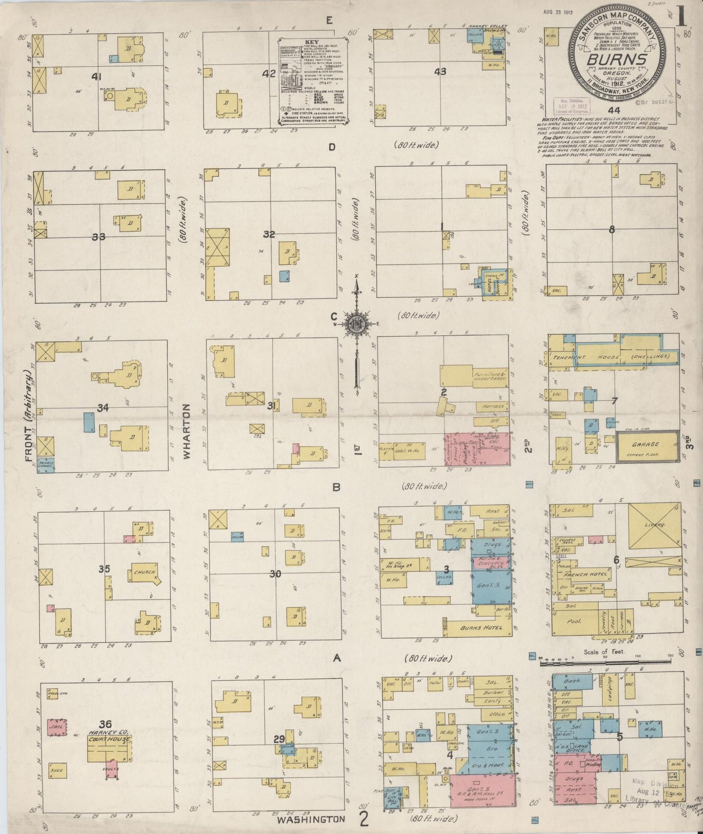Sanborn Fire Insurance Map from Burns, Harney County, Oregon (1912), Sheet #0001 - Complete Map Set gallery image, historic Sanborn map, vintage wall art, Oregon Oregon