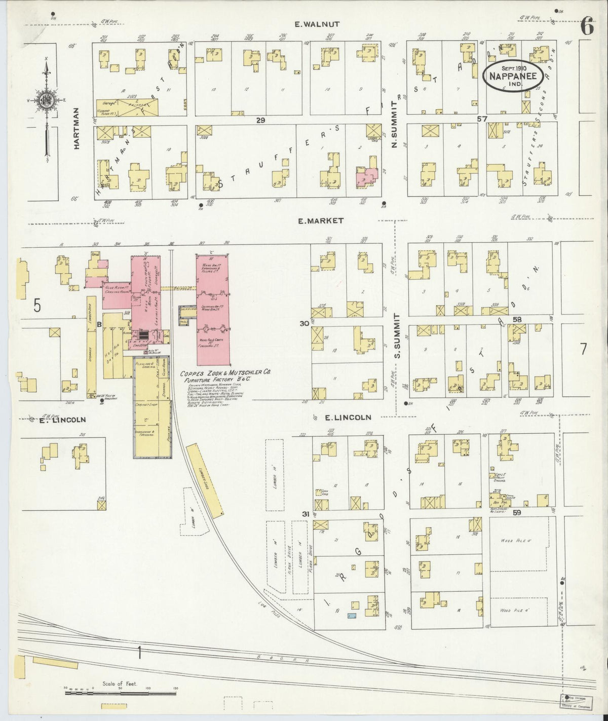 Sanborn Fire Insurance Map from Nappanee, Elkhart County, Indiana (1910), Sheet #0006 - Historic Sanborn Fire Insurance Map Print, vintage old map wall art, antique decor, genealogy gift, Indiana Indiana map