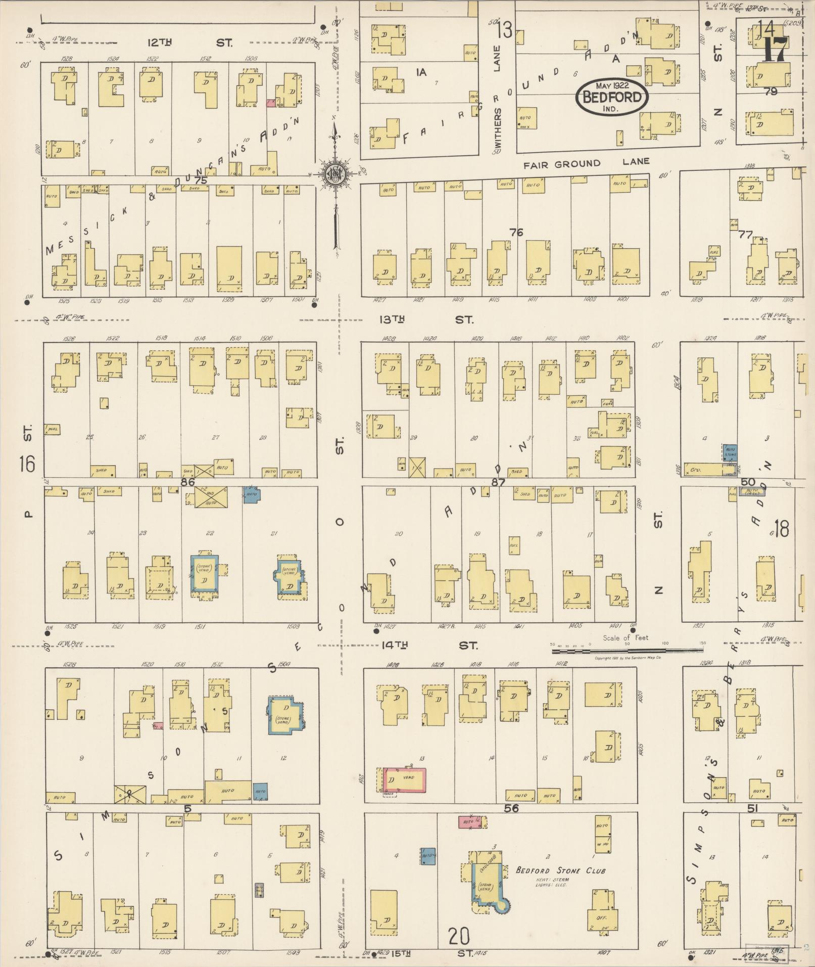 Sanborn Fire Insurance Map from Bedford, Lawrence County, Indiana (1922), Sheet #0017 - Historic Sanborn Fire Insurance Map Print, vintage old map wall art, antique decor, genealogy gift, Indiana Indiana map