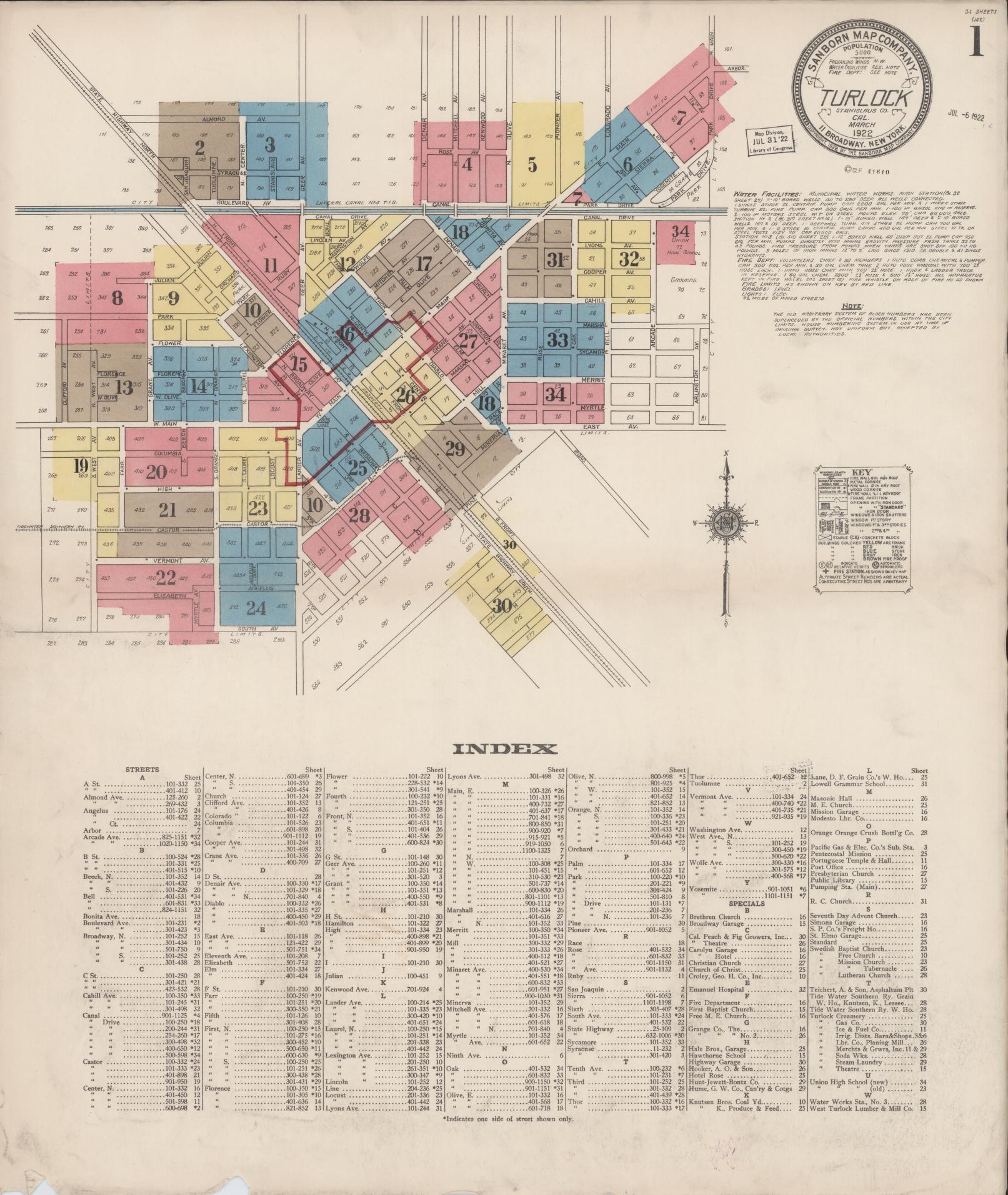 Sanborn Fire Insurance Map from Turlock, Stanislaus County, California (1922), Sheet #0001 - Complete Map Set gallery image, historic Sanborn map, vintage wall art, California California