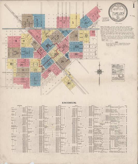 Sanborn Fire Insurance Map from Turlock, Stanislaus County, California (1922), Sheet #0001 - Complete Map Set gallery image, historic Sanborn map, vintage wall art, California California