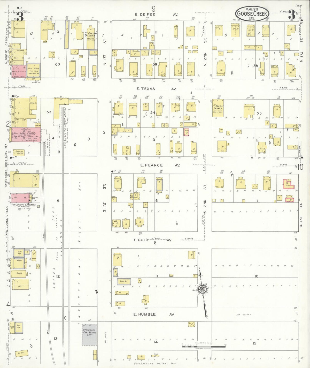 Sanborn Fire Insurance Map from Goose Creek, Harris County, Texas (1931), Sheet #0003 - Complete Map Set gallery image, historic Sanborn map, vintage wall art, Texas Texas