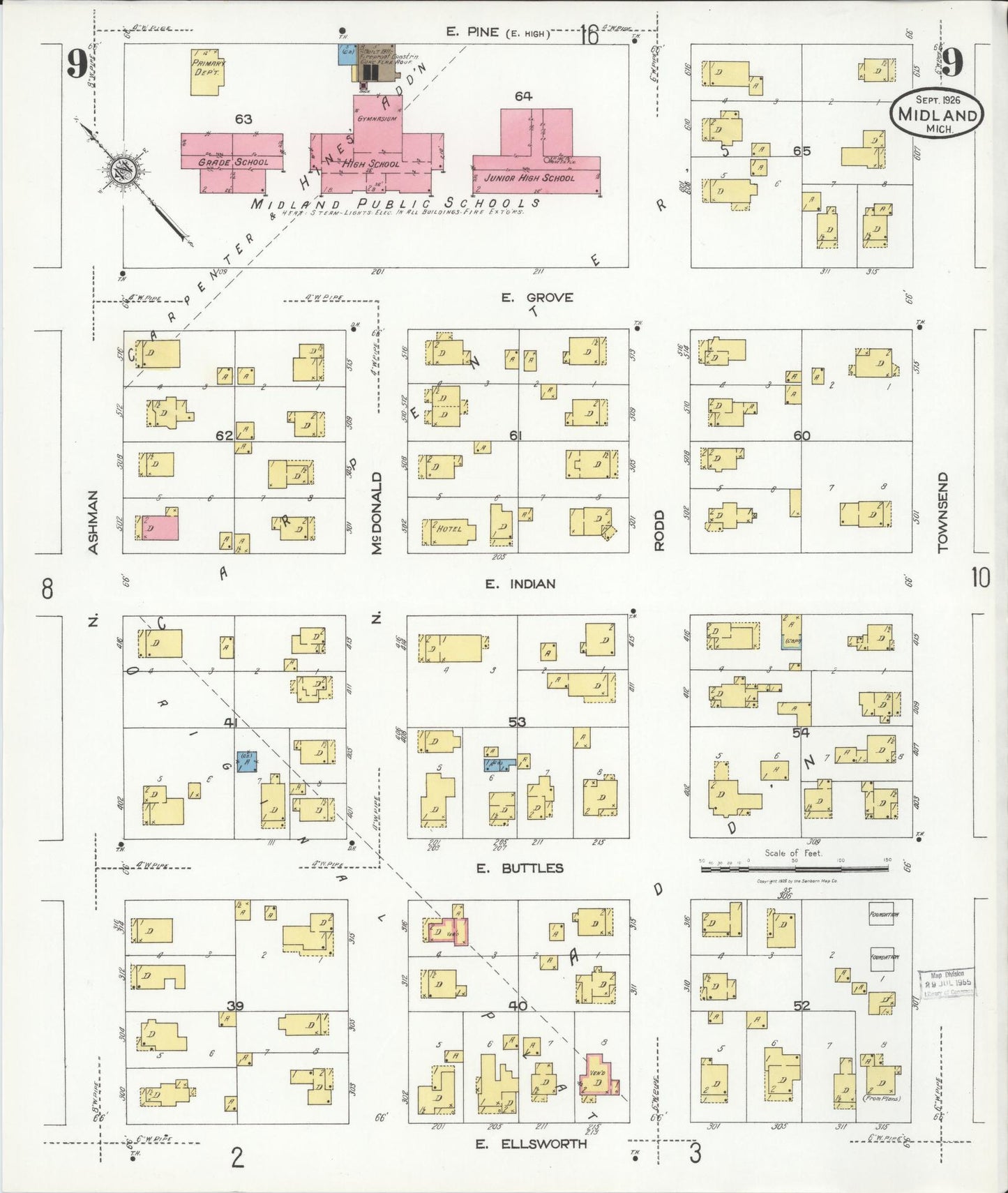 Sanborn Fire Insurance Map from Midland, Midland County, Michigan (1926), Sheet #0009 - Historic Sanborn Fire Insurance Map Print, vintage old map wall art, antique decor, genealogy gift, Michigan Michigan map