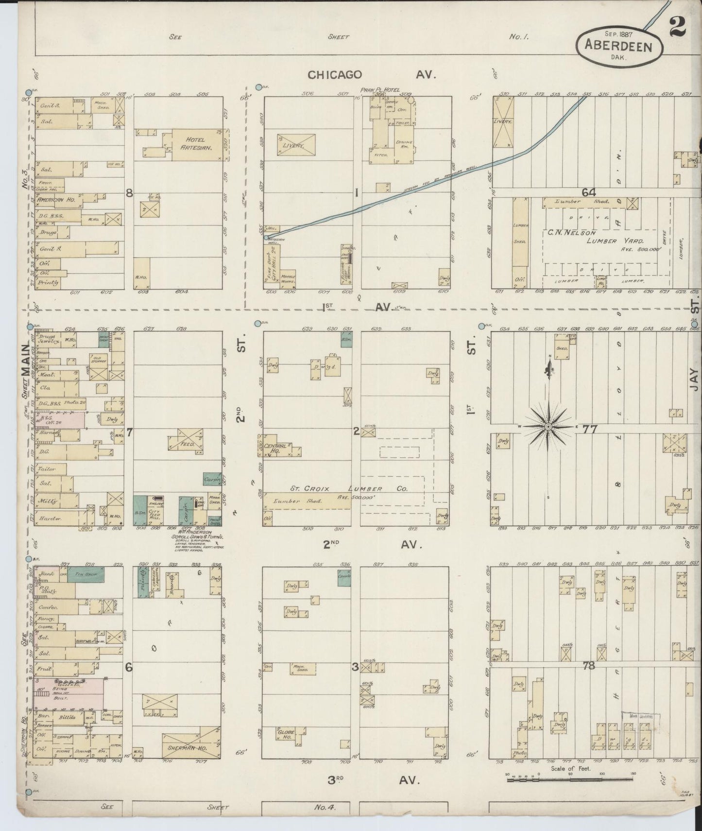 Sanborn Fire Insurance Map from Aberdeen, Brown County, South Dakota (1887), Sheet #0002 - Complete Map Set gallery image, historic Sanborn map, vintage wall art, South Dakota South Dakota