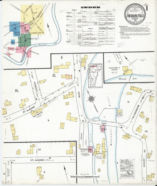 Sanborn Fire Insurance Map from Enosburg Falls, Franklin County, Vermont (1920), Sheet #0001 - Historic Sanborn Fire Insurance Map Print, vintage old map wall art, antique decor, genealogy gift, Vermont Vermont map