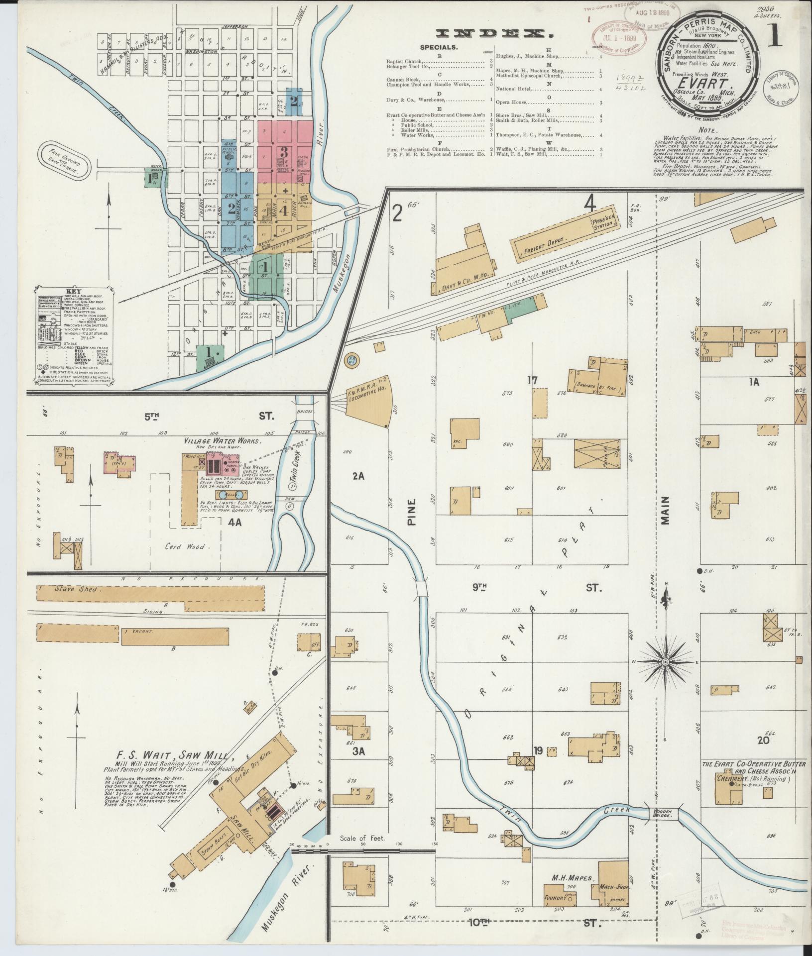 Sanborn Fire Insurance Map from Evart, Osceola County, Michigan (1899), Sheet #0001 - Complete Map Set gallery image, historic Sanborn map, vintage wall art, Michigan Michigan