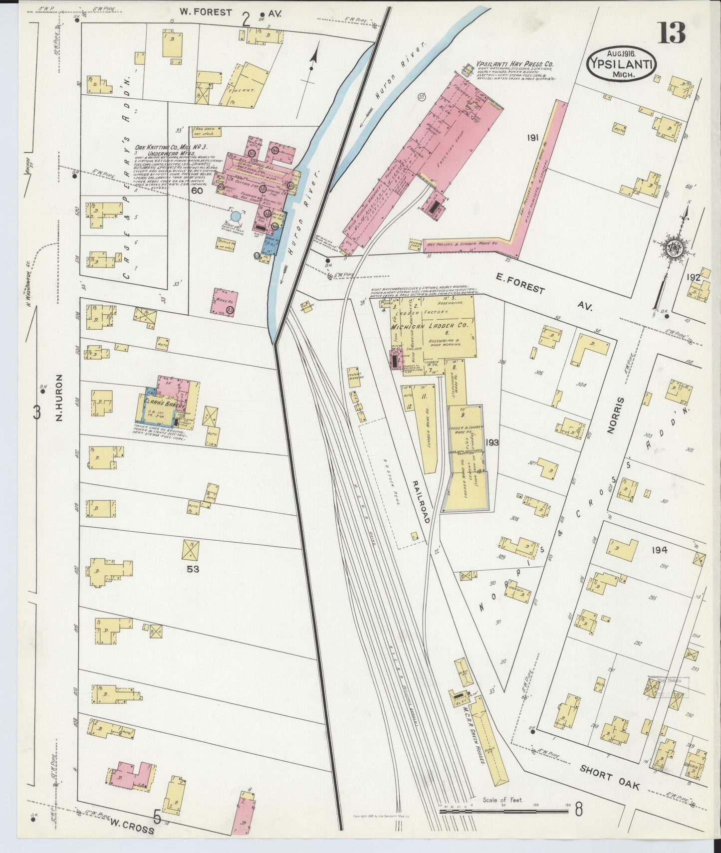 Sanborn Fire Insurance Map from Ypsilanti, Washtenaw County, Michigan (1916), Sheet #0013 - Complete Map Set gallery image, historic Sanborn map, vintage wall art, Michigan Michigan