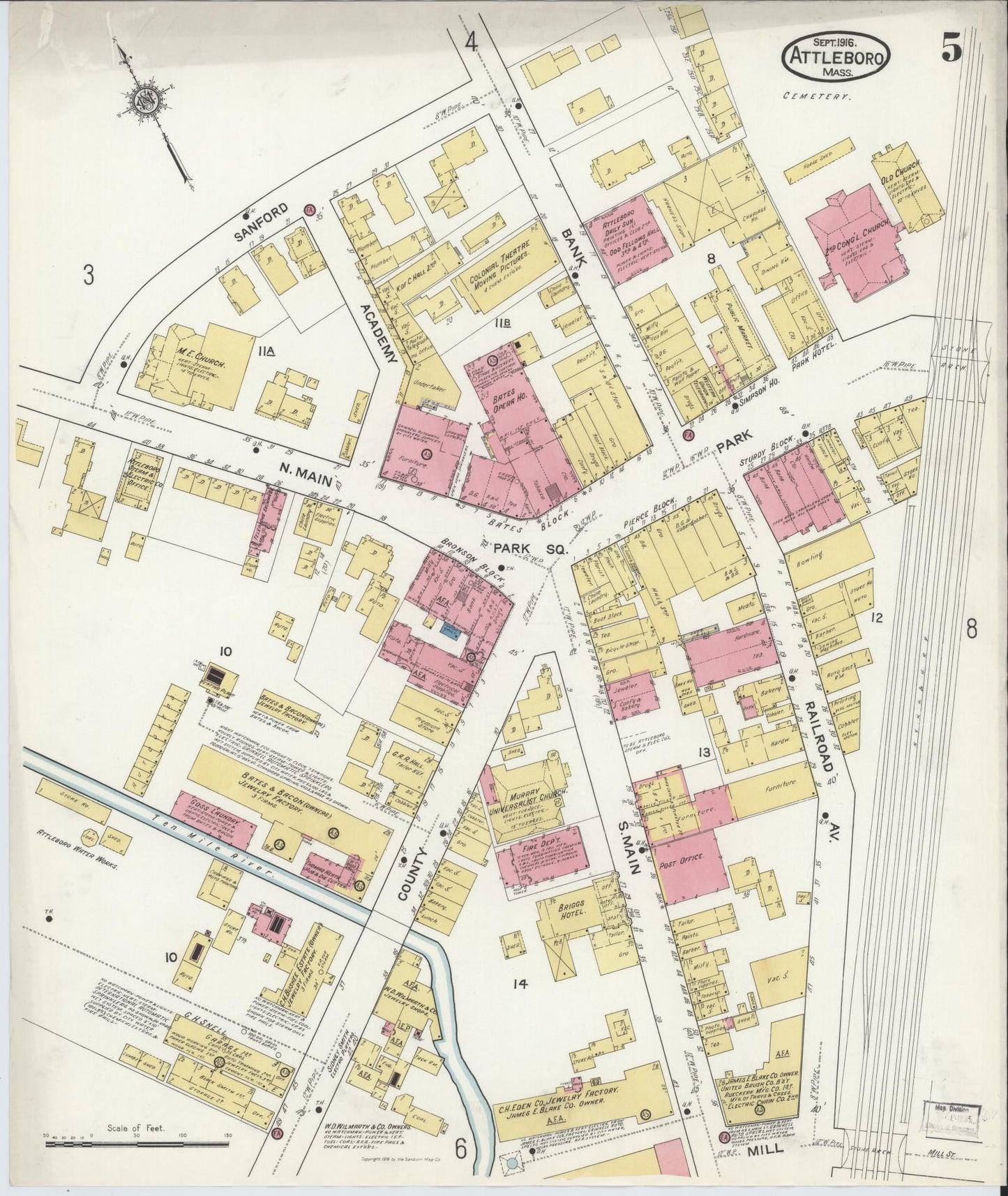 Sanborn Fire Insurance Map from Attleboro, Bristol County, Massachusetts (1916), Sheet #0005 - Complete Map Set gallery image, historic Sanborn map, vintage wall art, Massachusetts Massachusetts