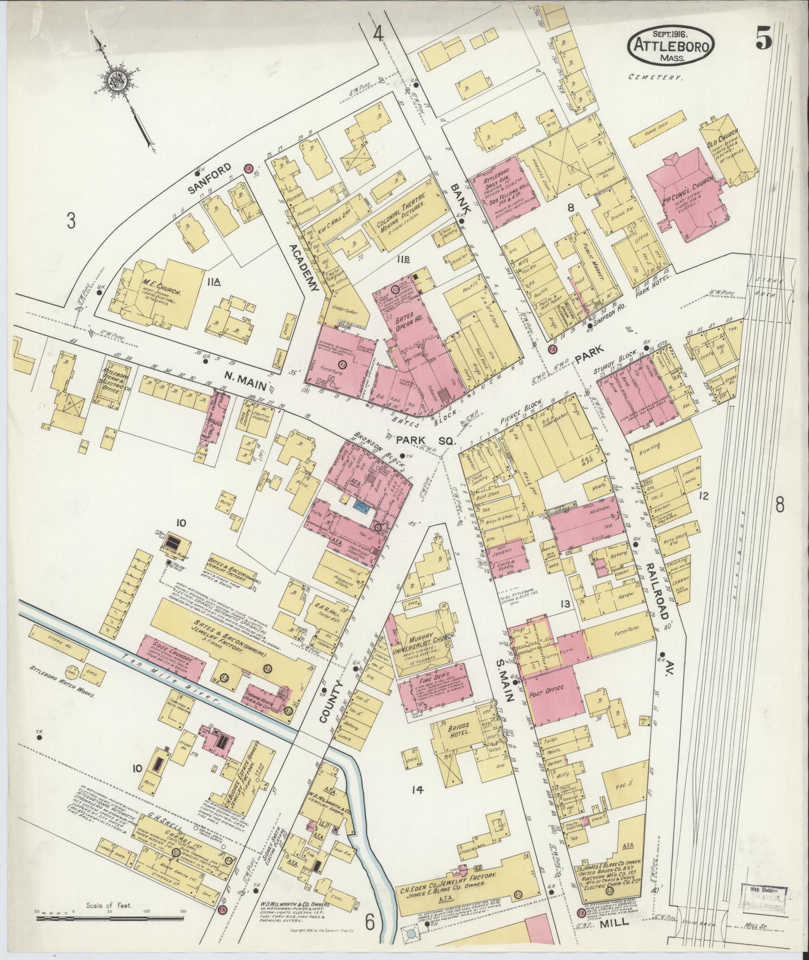 Sanborn Fire Insurance Map from Attleboro, Bristol County, Massachusetts (1916), Sheet #0005 - Complete Map Set gallery image, historic Sanborn map, vintage wall art, Massachusetts Massachusetts