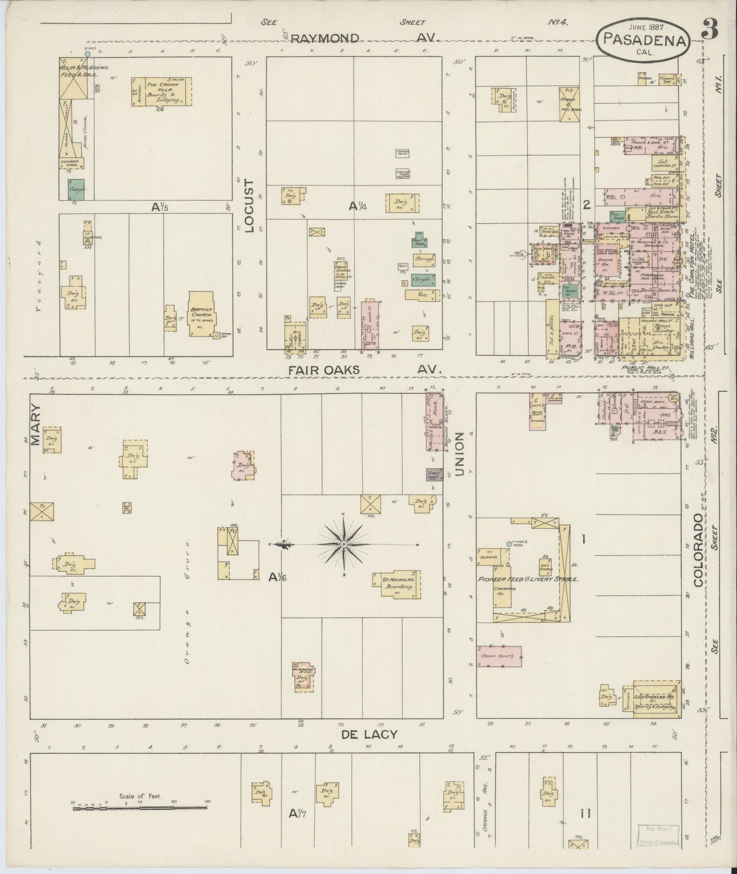 Sanborn Fire Insurance Map from Pasadena, Los Angeles County, California (1887), Sheet #0003 - Complete Map Set gallery image, historic Sanborn map, vintage wall art, California California