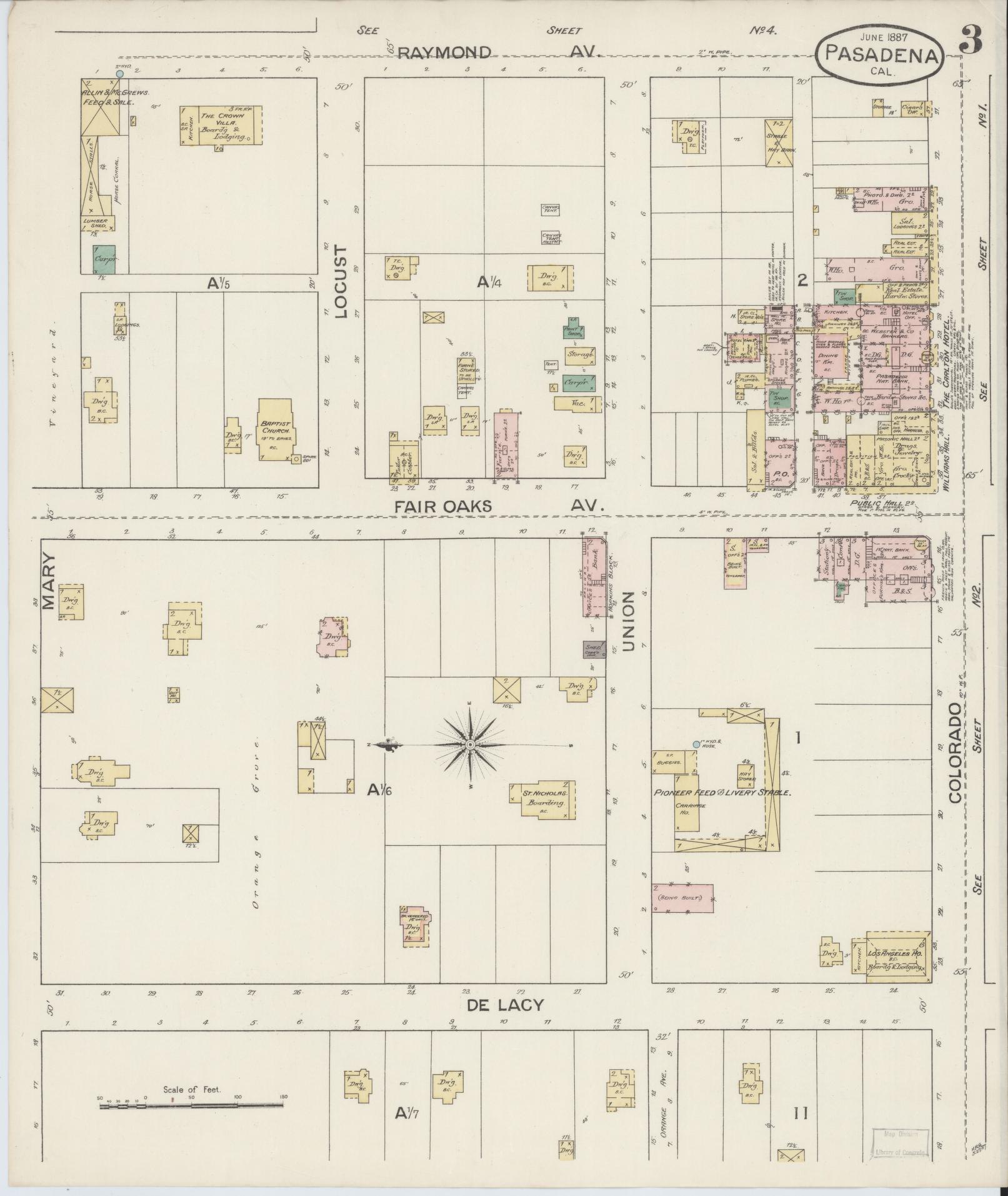 Sanborn Fire Insurance Map from Pasadena, Los Angeles County, California (1887), Sheet #0003 - Complete Map Set gallery image, historic Sanborn map, vintage wall art, California California