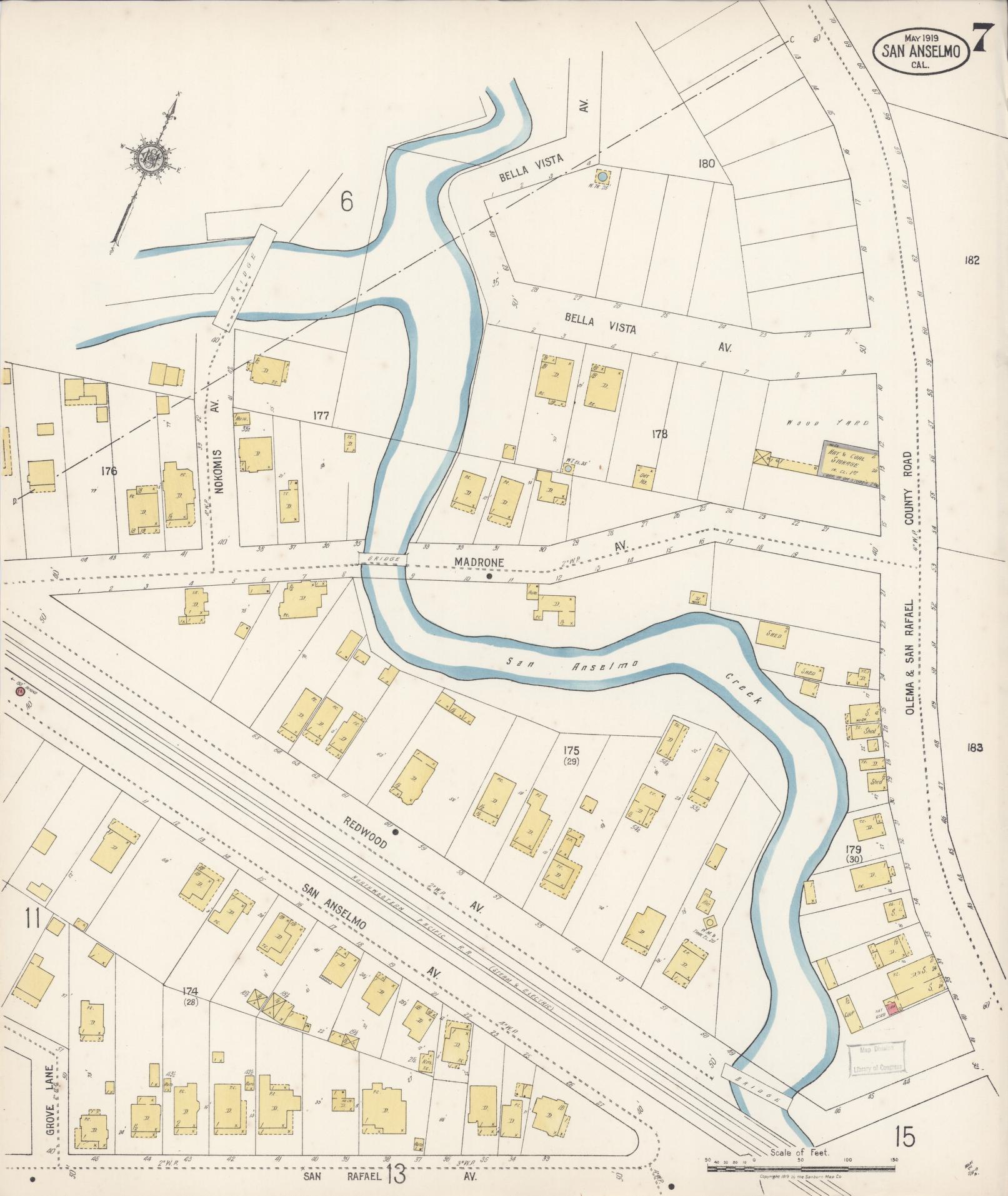 Sanborn Fire Insurance Map from San Anselmo, Marin County, California (1919), Sheet #0007 - Complete Map Set gallery image, historic Sanborn map, vintage wall art, California California