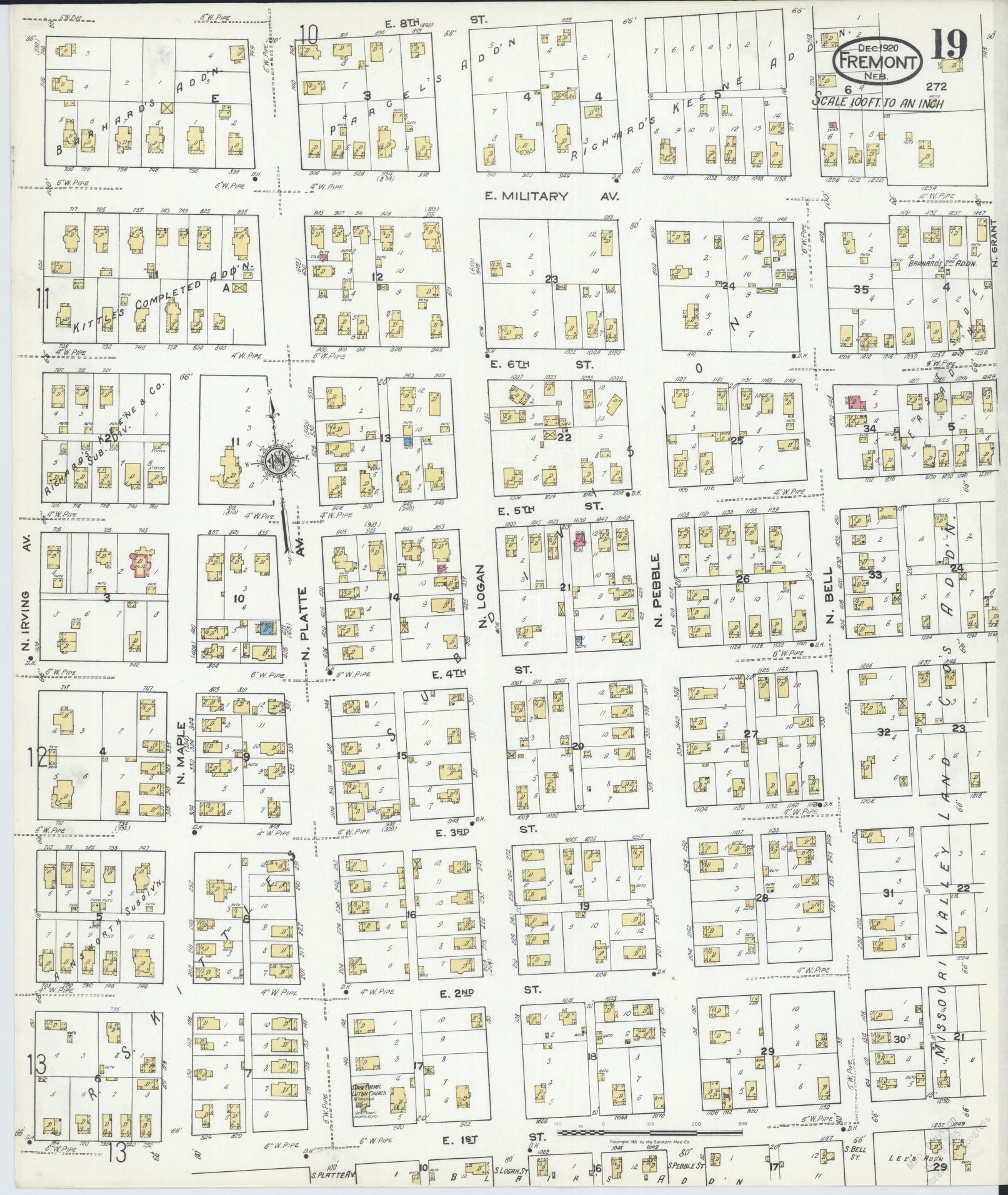 Sanborn Fire Insurance Map from Fremont, Dodge County, Nebraska (1920), Sheet #0019 - Historic Sanborn Fire Insurance Map Print, vintage old map wall art, antique decor, genealogy gift, Nebraska Nebraska map