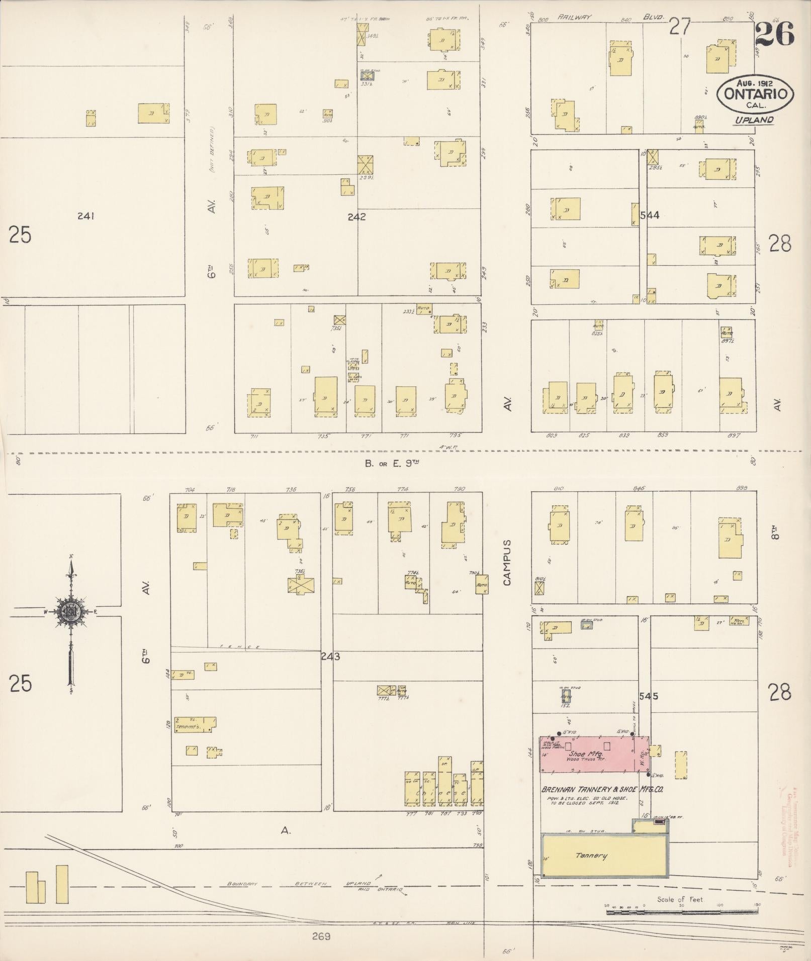 Sanborn Fire Insurance Map from Ontario, San Bernardino County, California (1912), Sheet #0026 - Historic Sanborn Fire Insurance Map Print, vintage old map wall art, antique decor, genealogy gift, California California map