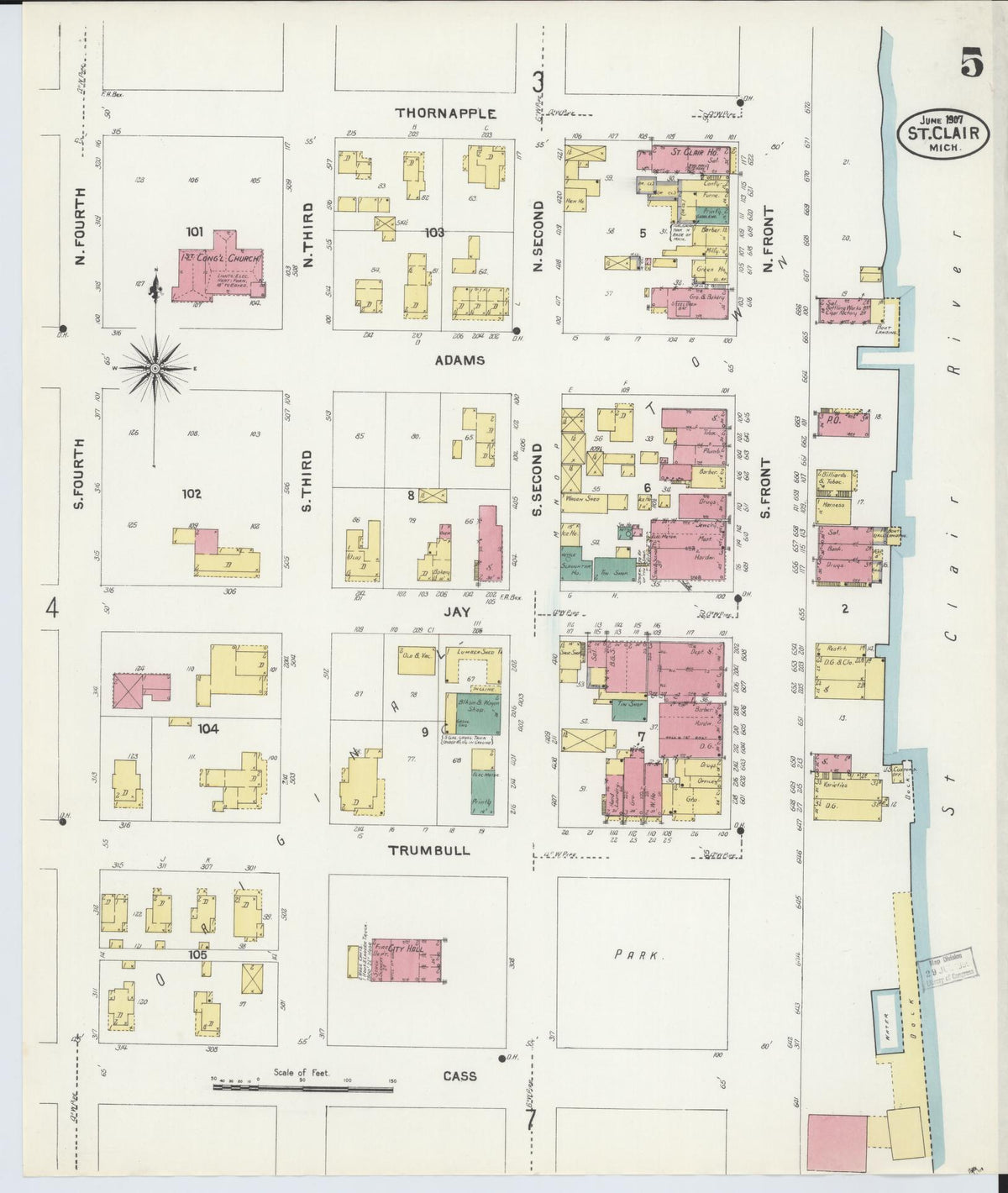 Sanborn Fire Insurance Map from Saint Clair, Saint Clair County, Michigan (1907), Sheet #0005 - Historic Sanborn Fire Insurance Map Print, vintage old map wall art, antique decor, genealogy gift, Michigan Michigan map