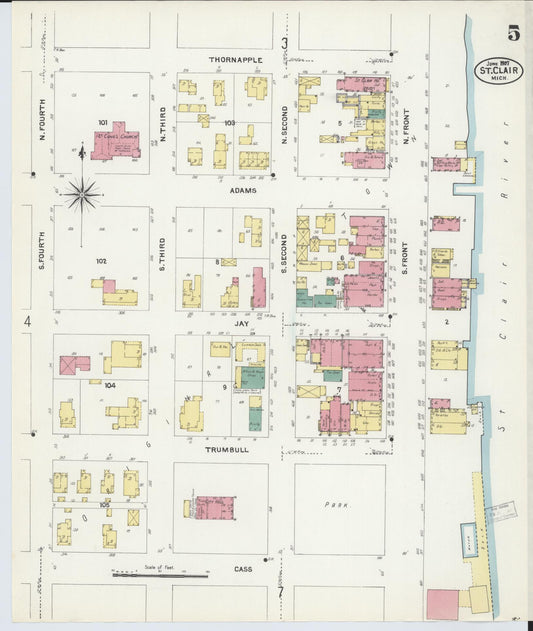Sanborn Fire Insurance Map from Saint Clair, Saint Clair County, Michigan (1907), Sheet #0005 - Historic Sanborn Fire Insurance Map Print, vintage old map wall art, antique decor, genealogy gift, Michigan Michigan map