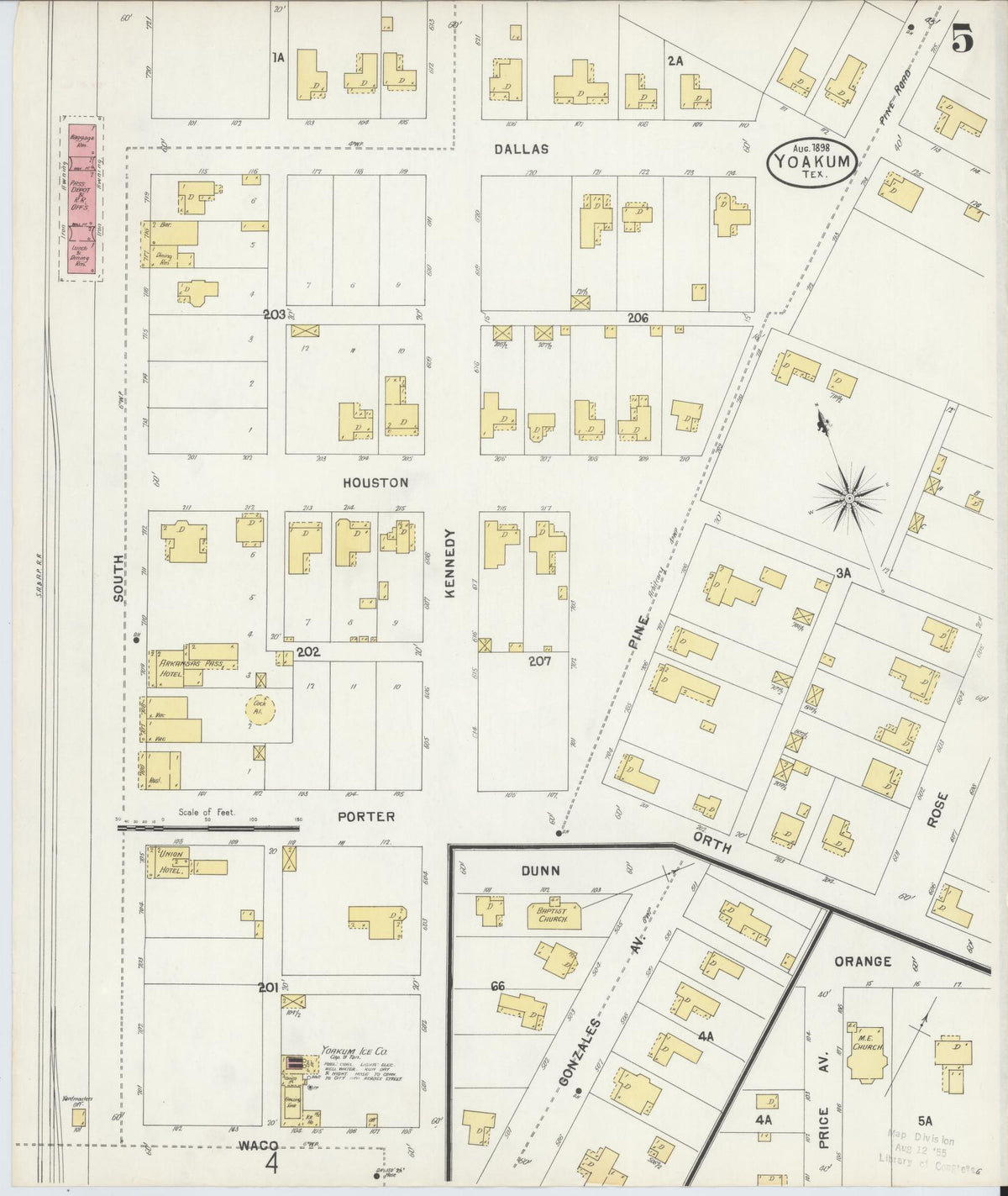 Sanborn Fire Insurance Map from Yoakum, De Witt And Lavaca Counties, Texas (1898), Sheet #0005 - Historic Sanborn Fire Insurance Map Print, vintage old map wall art, antique decor, genealogy gift, Texas Texas map