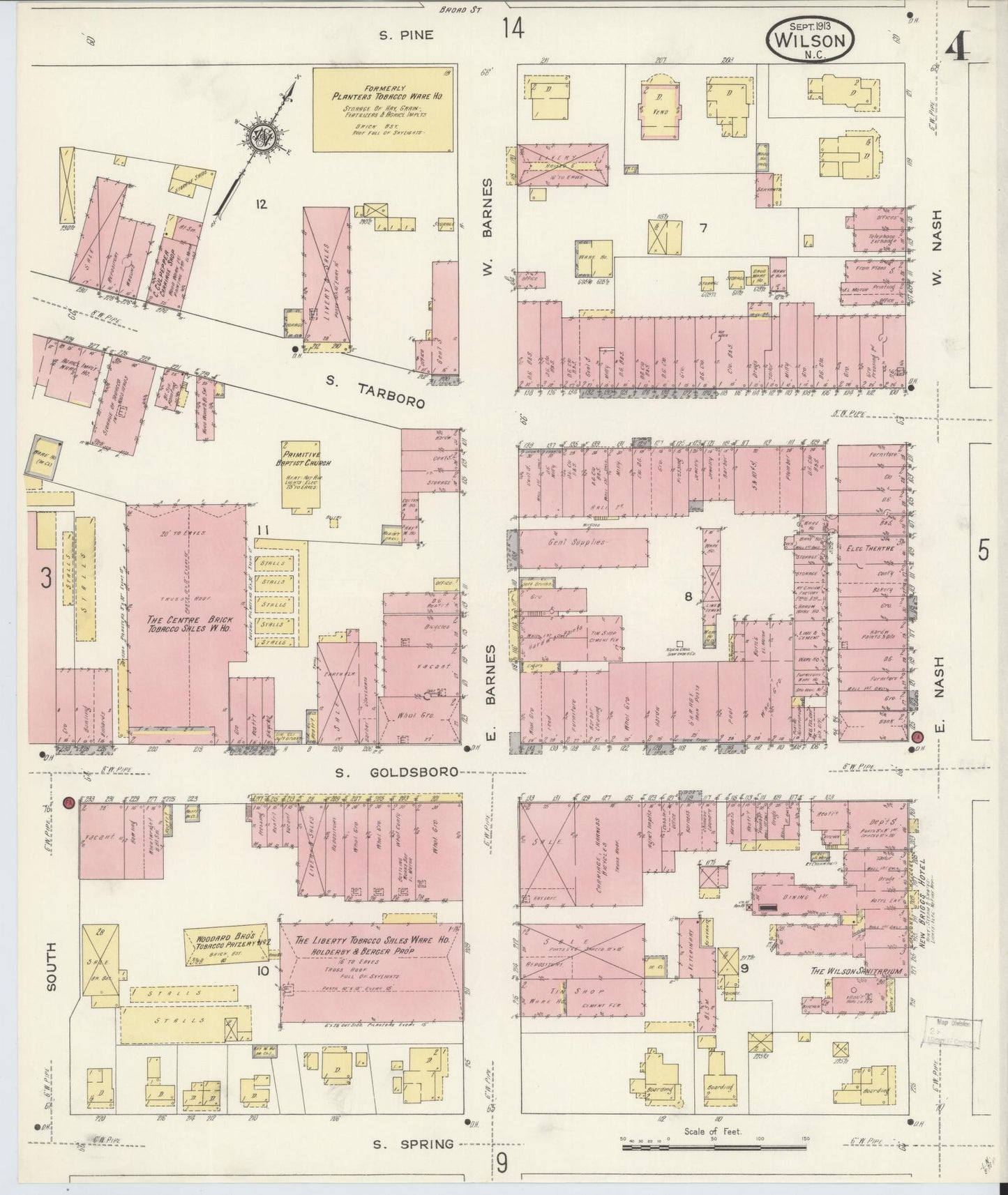 Sanborn Fire Insurance Map from Wilson, Wilson County, North Carolina (1913), Sheet #0004 - Historic Sanborn Fire Insurance Map Print, vintage old map wall art, antique decor, genealogy gift, North Carolina North Carolina map