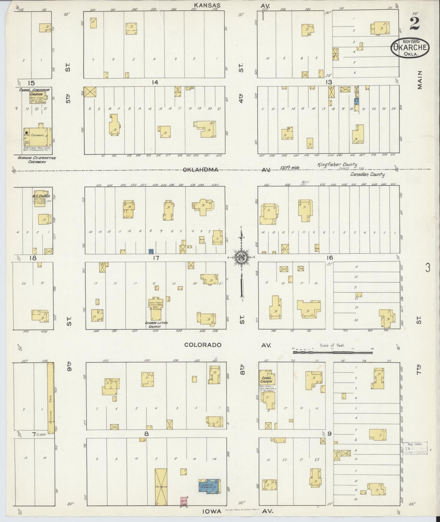 Sanborn Fire Insurance Map from Okarche, Kingfisher and Canadian Counties, Oklahoma (1916), Sheet #0002 - Complete Map Set gallery image, historic Sanborn map, vintage wall art, Oklahoma Oklahoma
