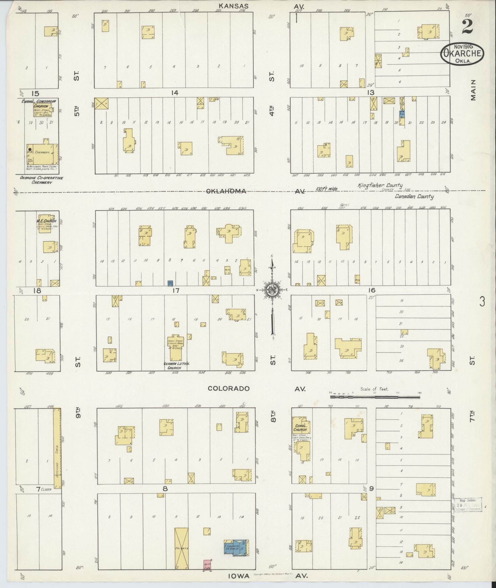 Sanborn Fire Insurance Map from Okarche, Kingfisher and Canadian Counties, Oklahoma (1916), Sheet #0002 - Complete Map Set gallery image, historic Sanborn map, vintage wall art, Oklahoma Oklahoma