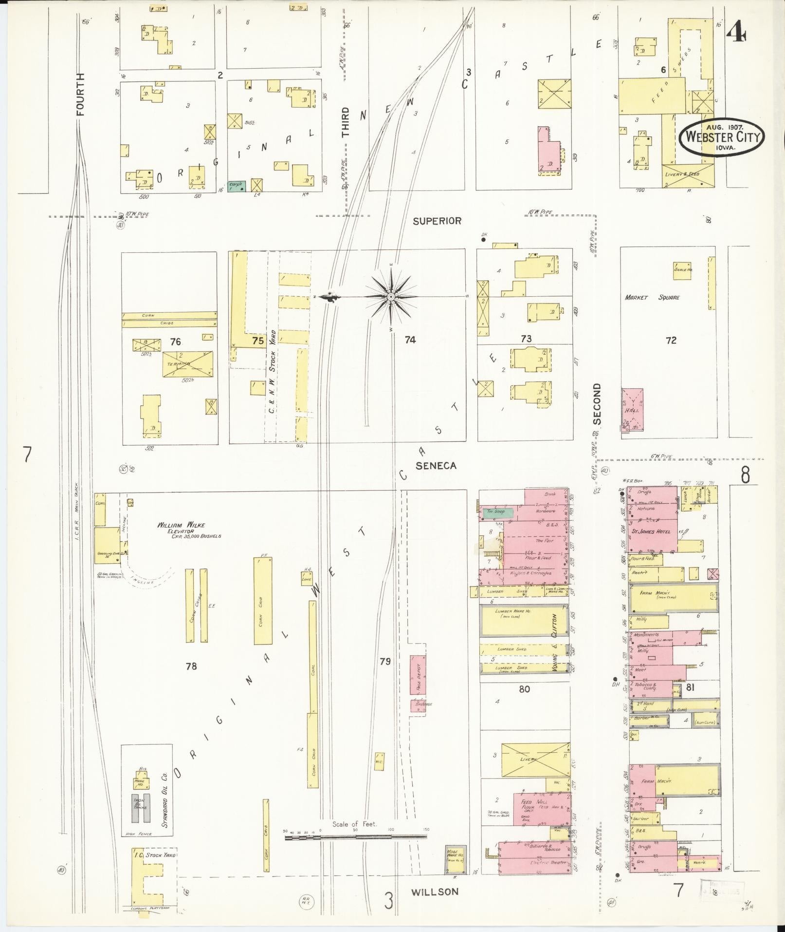 Sanborn Fire Insurance Map from Webster City, Hamilton County, Iowa (1907), Sheet #0004 - Historic Sanborn Fire Insurance Map Print, vintage old map wall art