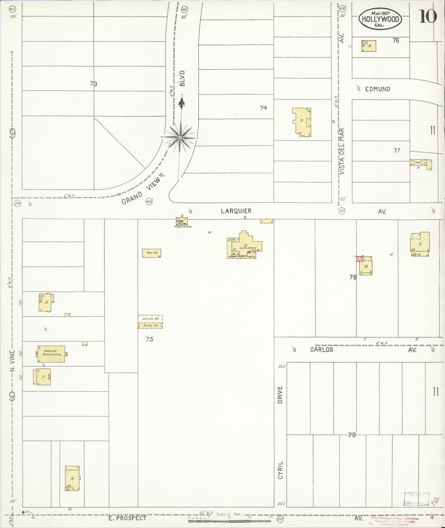 Sanborn Fire Insurance Map from Hollywood, Los Angeles County, California (1907), Sheet #0010 - Complete Map Set gallery image, historic Sanborn map, vintage wall art, California California