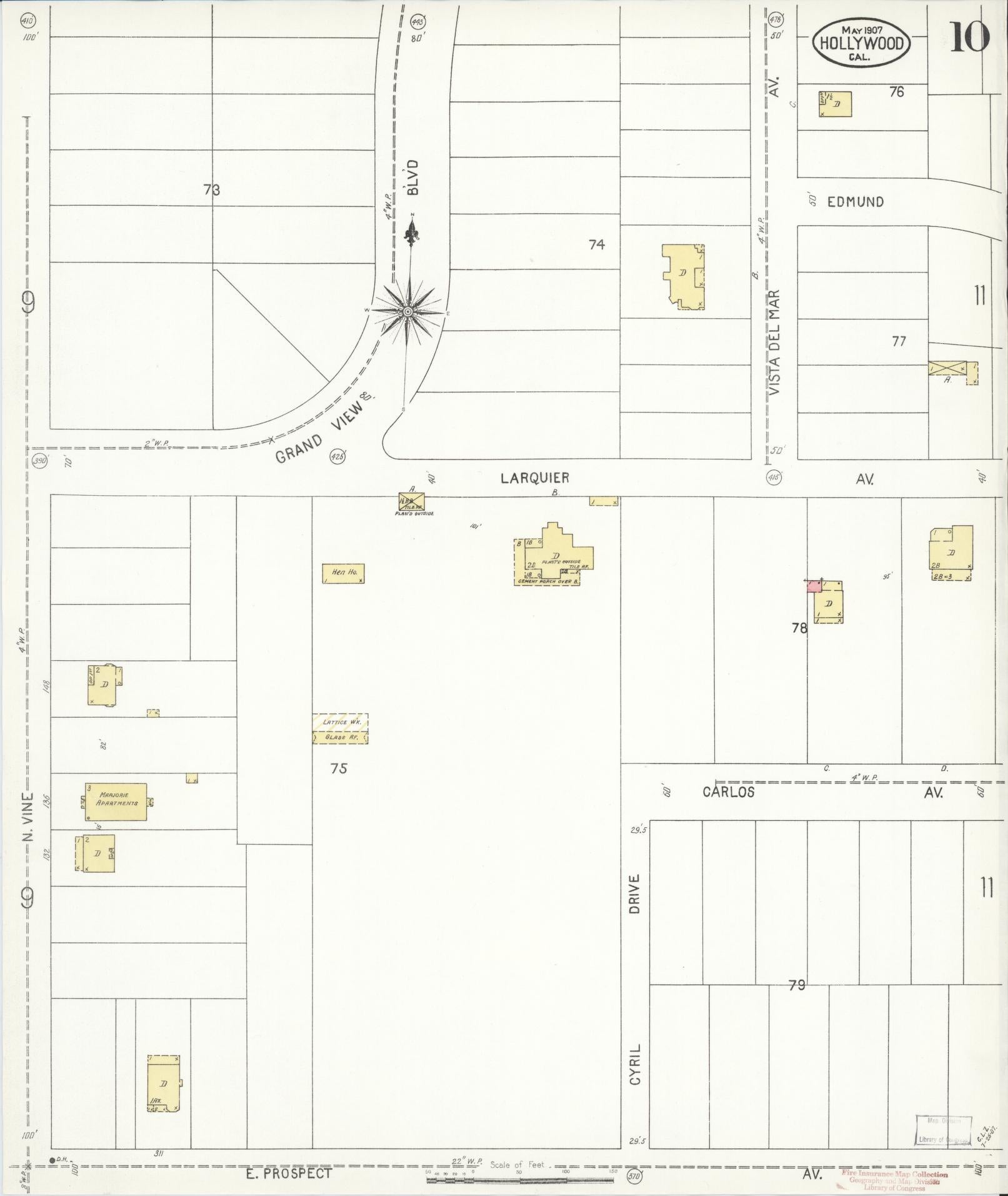 Sanborn Fire Insurance Map from Hollywood, Los Angeles County, California (1907), Sheet #0010 - Complete Map Set gallery image, historic Sanborn map, vintage wall art, California California