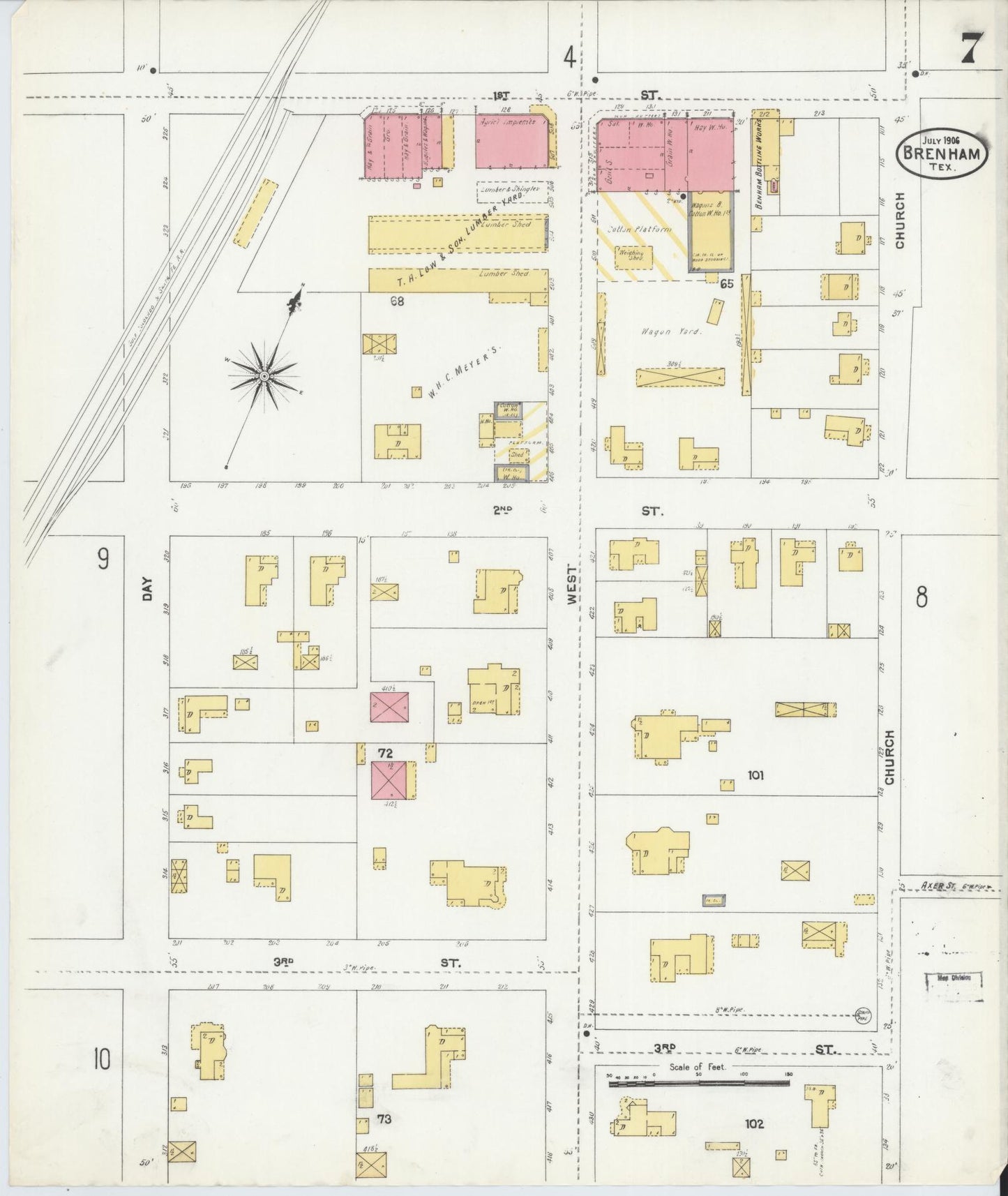 Sanborn Fire Insurance Map from Brenham, Washington County, Texas (1906), Sheet #0007 - Historic Sanborn Fire Insurance Map Print, vintage old map wall art, antique decor, genealogy gift, Texas Texas map