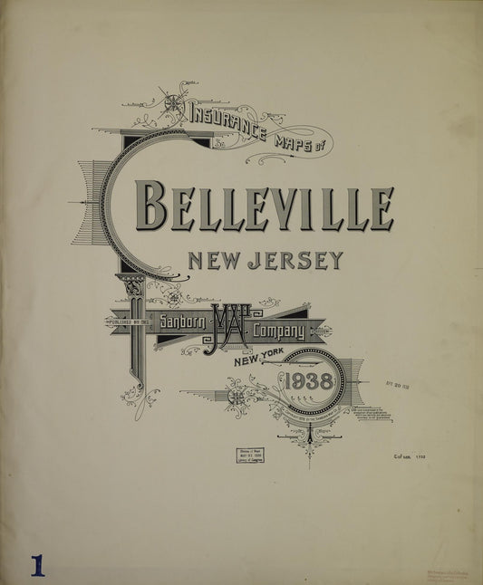 Sanborn Fire Insurance Map from Belleville, Essex County, New Jersey (1938), Sheet #0001 - Historic Sanborn Fire Insurance Map Print, vintage old map wall art, antique decor, genealogy gift, New Jersey New Jersey map
