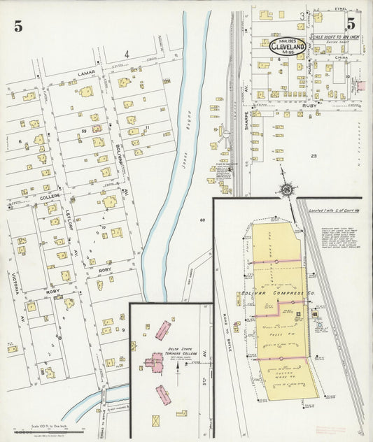 Sanborn Fire Insurance Map from Cleveland, Bolivar County, Mississippi (1925), Sheet #0005 - Historic Sanborn Fire Insurance Map Print, vintage old map wall art, antique decor, genealogy gift, Mississippi Mississippi map
