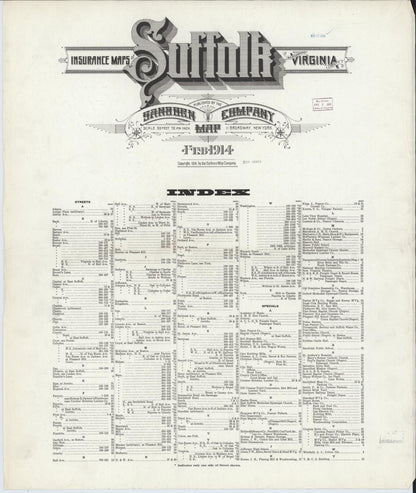 Sanborn Fire Insurance Map from Suffolk, Independent Cities, Virginia (1914), Sheet #0001 - Historic Sanborn Fire Insurance Map Print, vintage old map wall art, antique decor, genealogy gift, Virginia Virginia map