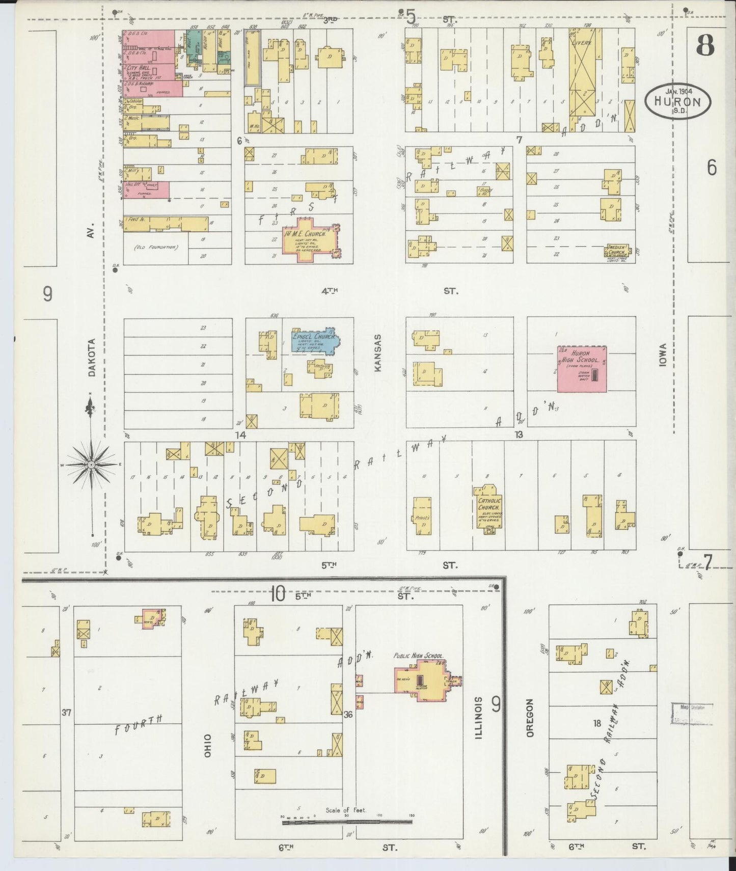 Sanborn Fire Insurance Map from Huron, Beadle County, South Dakota (1904), Sheet #0008 - Historic Sanborn Fire Insurance Map Print, vintage old map wall art, antique decor, genealogy gift, South Dakota South Dakota map