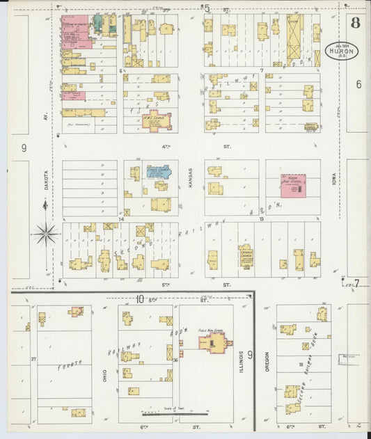 Sanborn Fire Insurance Map from Huron, Beadle County, South Dakota (1904), Sheet #0008 - Historic Sanborn Fire Insurance Map Print, vintage old map wall art, antique decor, genealogy gift, South Dakota South Dakota map