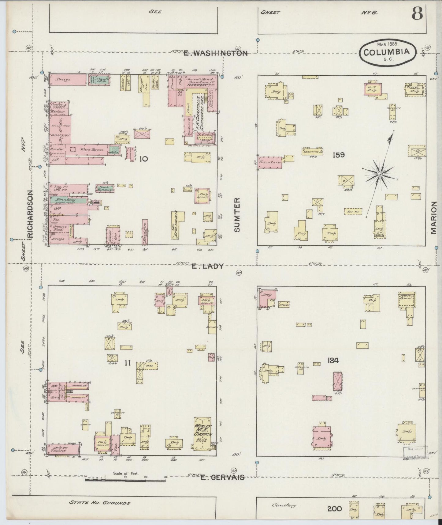 Sanborn Fire Insurance Map from Columbia, Richland County, South Carolina (1888), Sheet #0008 - Complete Map Set gallery image, historic Sanborn map, vintage wall art, South Carolina South Carolina