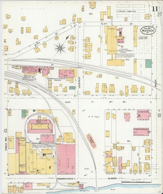 Sanborn Fire Insurance Map from Warren, Warren County, Pennsylvania (1904), Sheet #0011 - Historic Sanborn Fire Insurance Map Print, vintage old map wall art, antique decor, genealogy gift, Pennsylvania Pennsylvania map