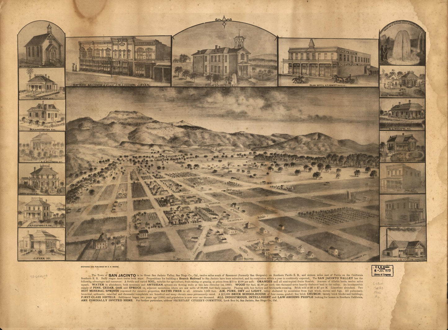 The town of San Jacinto is in great San Jacinto Valley, San Diego Co., Cal., twelve miles south of Beaumont (formerly San Gorgonio) on Southern Pacific R.R., and sixteen miles east of Perris, on the California Southern R.R. (1886) – Historic Bird’s-Eye View Panorama Print