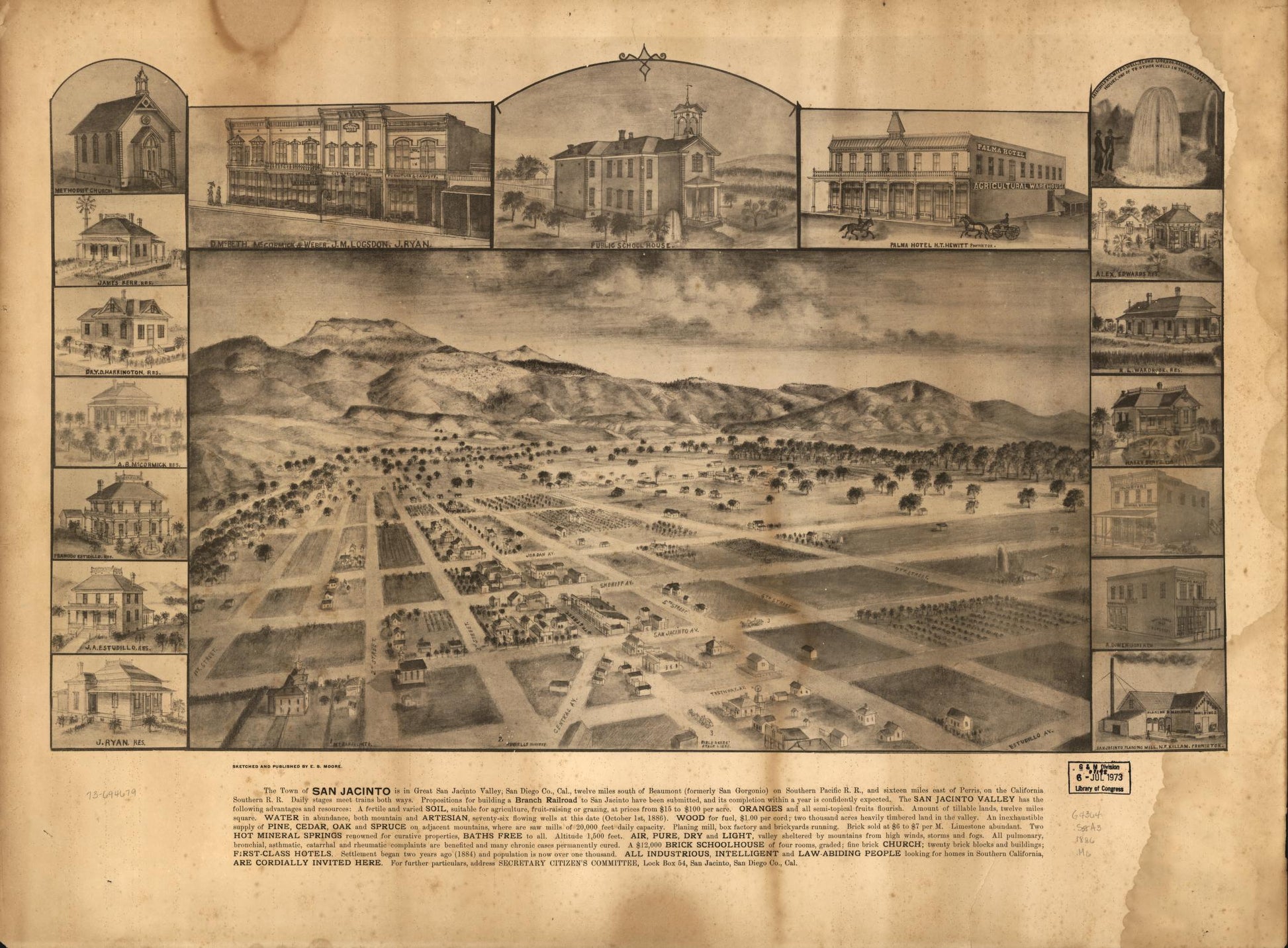 The town of San Jacinto is in great San Jacinto Valley, San Diego Co., Cal., twelve miles south of Beaumont (formerly San Gorgonio) on Southern Pacific R.R., and sixteen miles east of Perris, on the California Southern R.R. (1886) – Historic Bird’s-Eye View Panorama Print