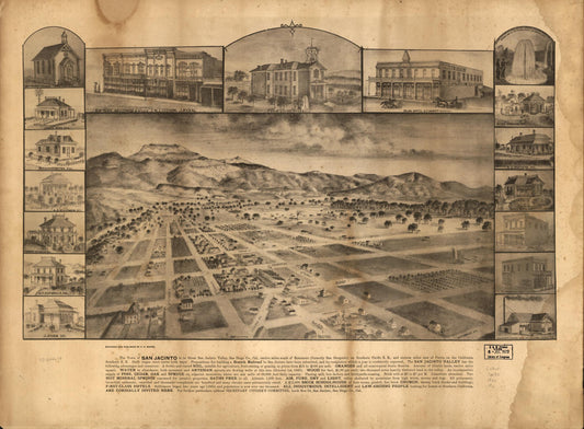 The town of San Jacinto is in great San Jacinto Valley, San Diego Co., Cal., twelve miles south of Beaumont (formerly San Gorgonio) on Southern Pacific R.R., and sixteen miles east of Perris, on the California Southern R.R. (1886) – Historic Bird’s-Eye View Panorama Print