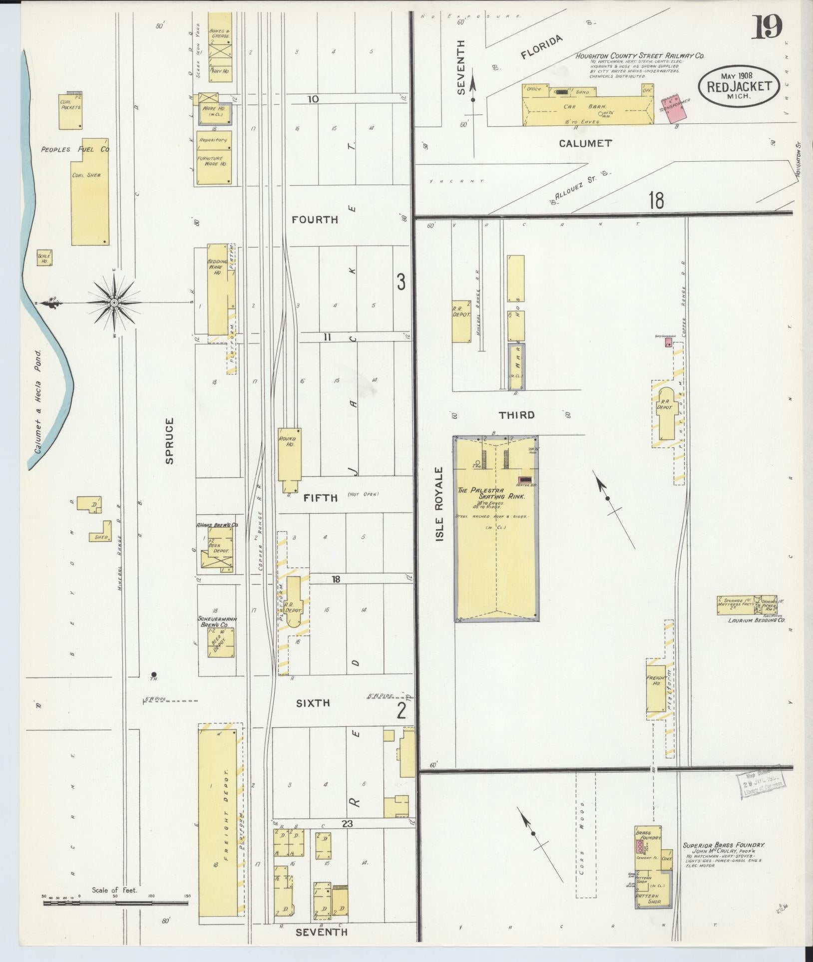 Sanborn Fire Insurance Map from Red Jacket, Houghton County, Michigan (1908), Sheet #0019 - Historic Sanborn Fire Insurance Map Print, vintage old map wall art, antique decor, genealogy gift, Michigan Michigan map