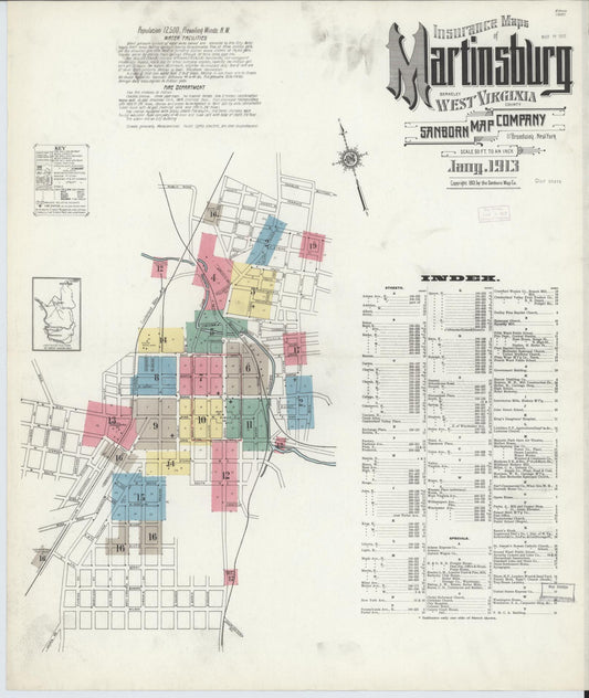 Sanborn Fire Insurance Map from Martinsburg, Berkeley County, West Virginia (1913), Sheet #0001 - Historic Sanborn Fire Insurance Map Print, vintage old map wall art, antique decor, genealogy gift, West Virginia West Virginia map