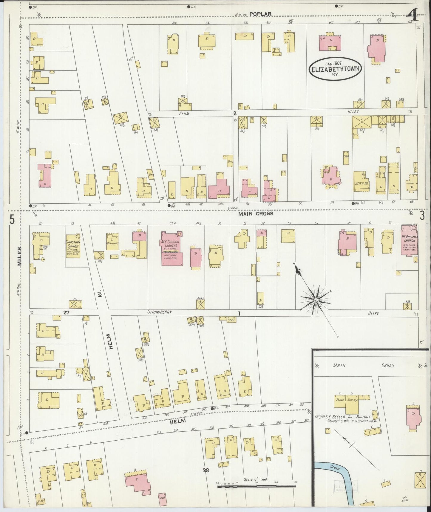 Sanborn Fire Insurance Map from Elizabethtown, Hardin County, Kentucky (1907), Sheet #0004 - Complete Map Set gallery image, historic Sanborn map, vintage wall art, Kentucky Kentucky