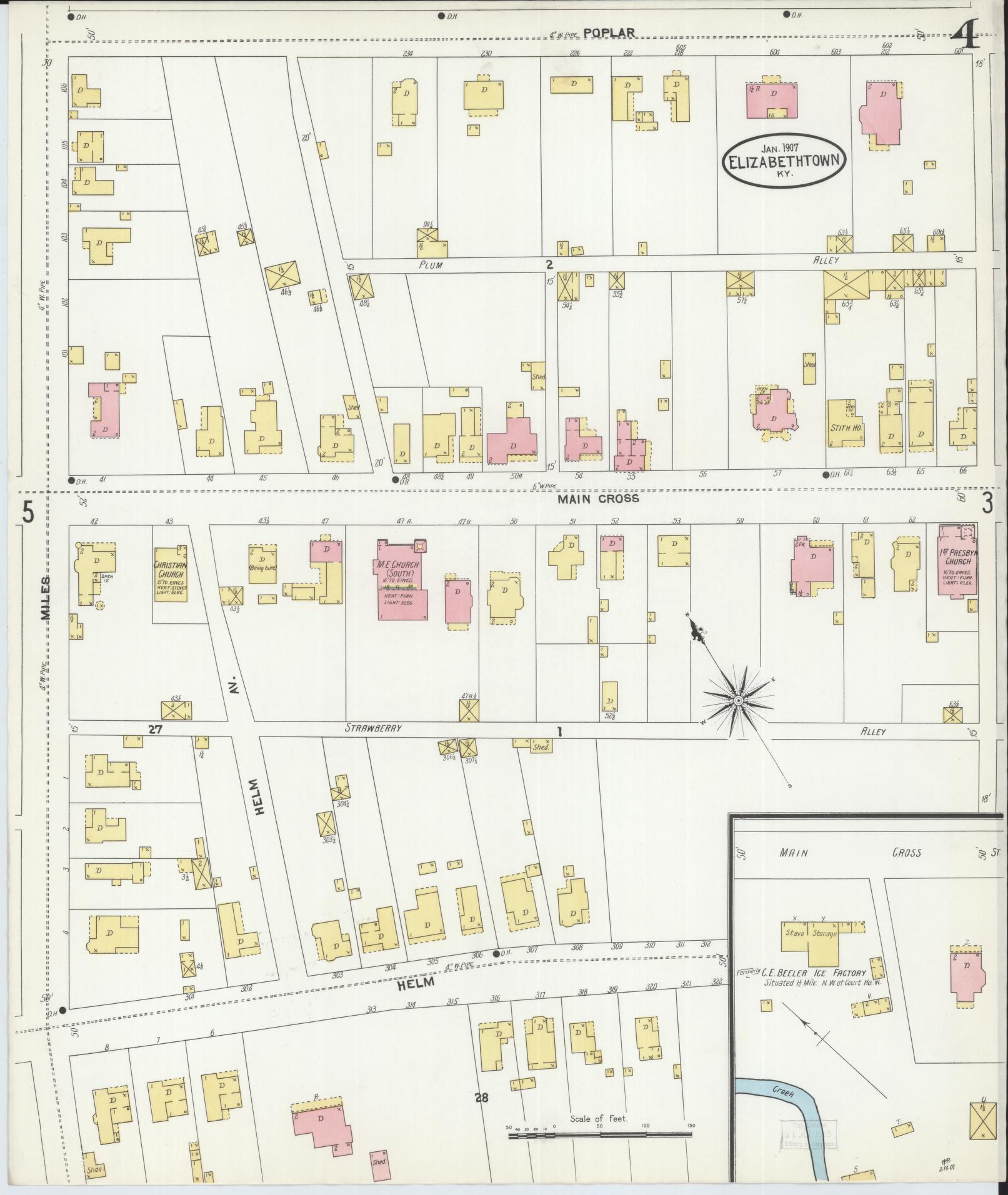 Sanborn Fire Insurance Map from Elizabethtown, Hardin County, Kentucky (1907), Sheet #0004 - Complete Map Set gallery image, historic Sanborn map, vintage wall art, Kentucky Kentucky