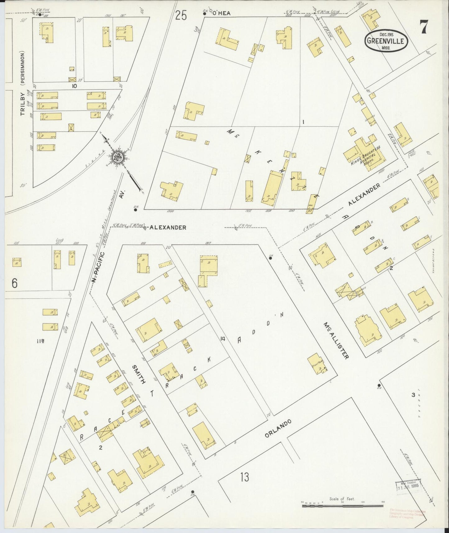 Sanborn Fire Insurance Map from Greenville, Washington County, Mississippi (1915), Sheet #0007 - Complete Map Set gallery image, historic Sanborn map, vintage wall art, Mississippi Mississippi