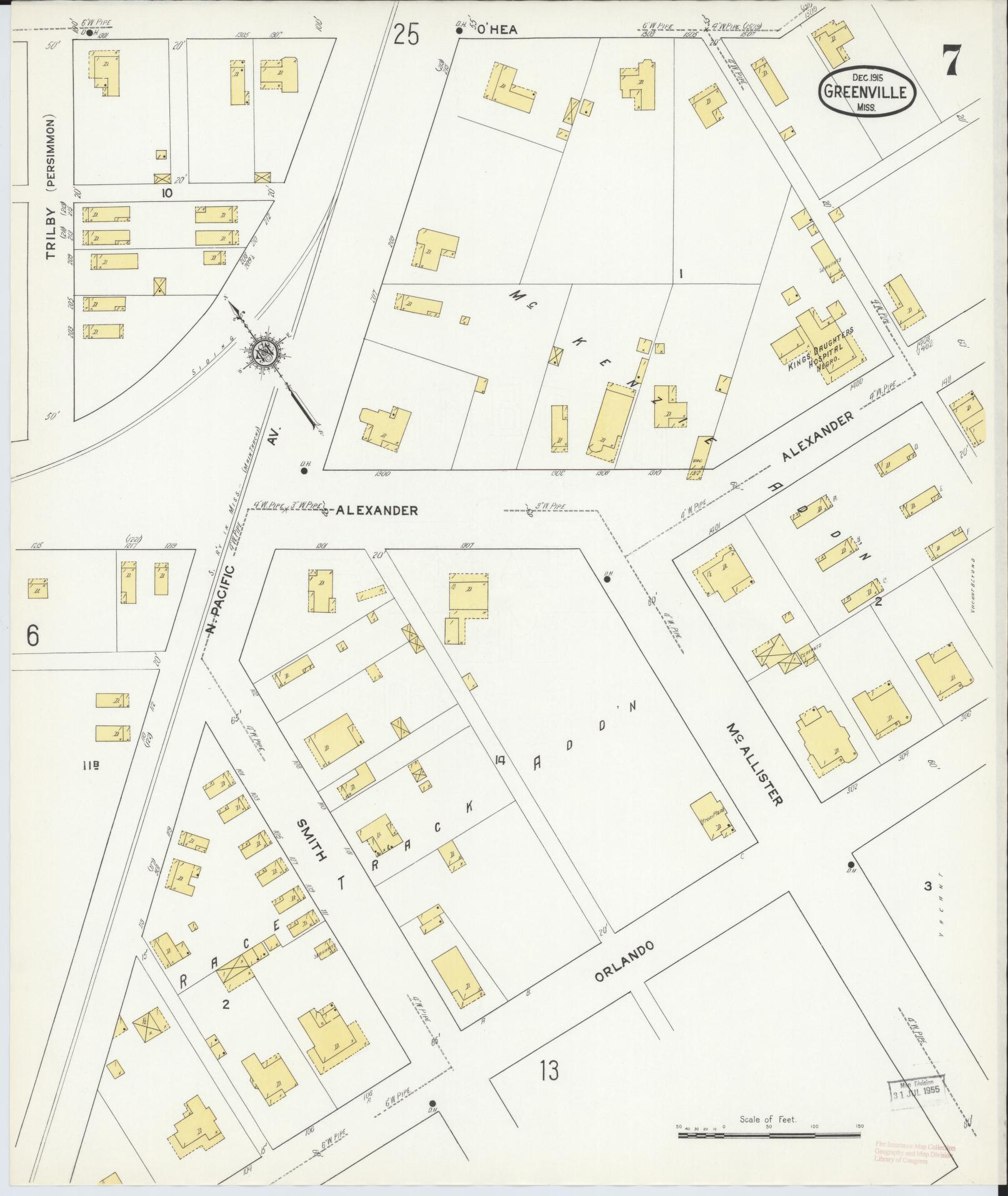 Sanborn Fire Insurance Map from Greenville, Washington County, Mississippi (1915), Sheet #0007 - Complete Map Set gallery image, historic Sanborn map, vintage wall art, Mississippi Mississippi