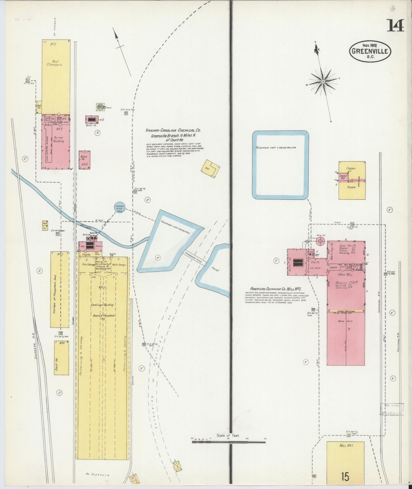 Sanborn Fire Insurance Map from Greenville, Greenville County, South Carolina (1902), Sheet #0014 - Complete Map Set gallery image, historic Sanborn map, vintage wall art, South Carolina South Carolina