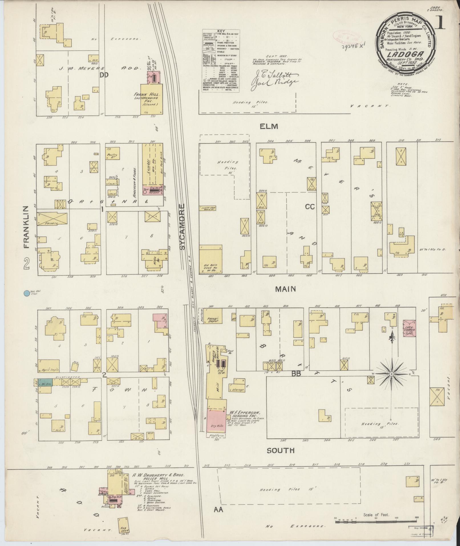Sanborn Fire Insurance Map from Ladoga, Montgomery County, Indiana (1892), Sheet #0001 - Complete Map Set gallery image, historic Sanborn map, vintage wall art, Indiana Indiana